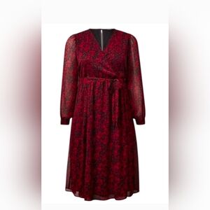 Torrid Red/Black Long Sleeve V Neck Chiffon Dress W/Self-Belt, NWOT Sz 2 (16/18)